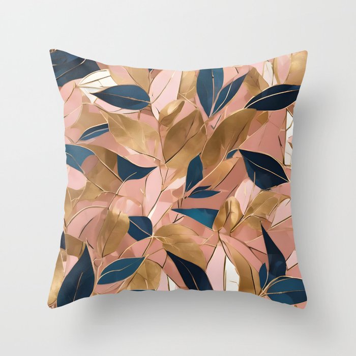 Blush Pink Gold Boho Popular Leaves Collection Throw Pillow