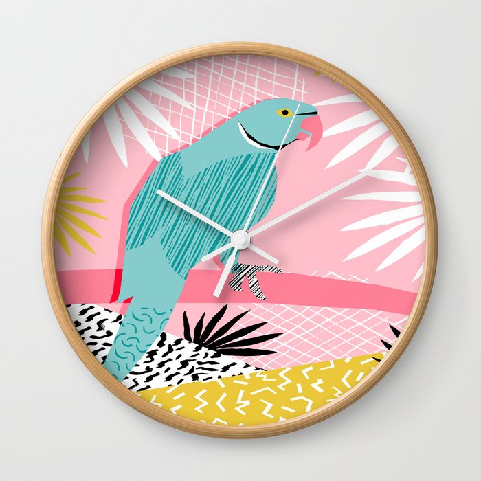 Doin' It - blue india ringneck parrot bird art wacka design animal nature retro throwback neon 1980s Wall Clock