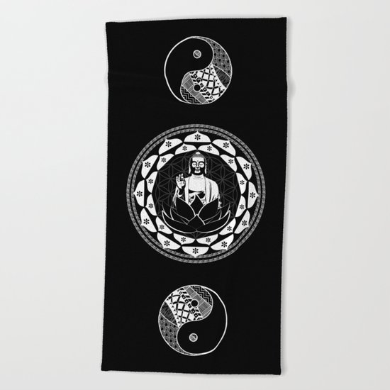 Buddha Black & White Yin & Yang Flower Of Life Beach Towel