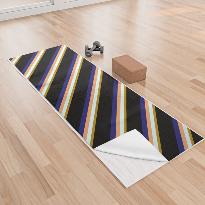 Vibrant Dark Goldenrod, Light Cyan, Brown, Midnight Blue & Black Colored Stripes/Lines Pattern Yoga Towel
