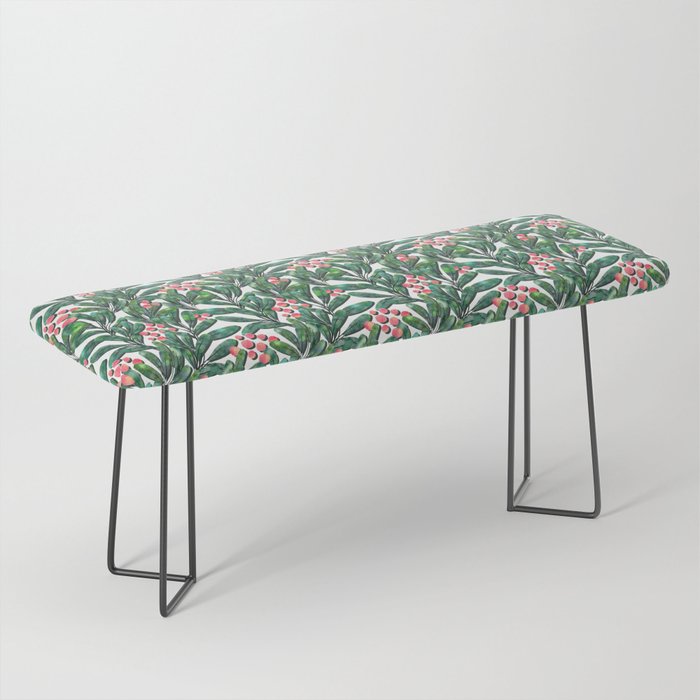 Botanical watercolor illustration pattern, green leaves and red berries Bench