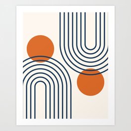 Mid Century Modern Geometric 193 in Navy Blue Orange Art Print