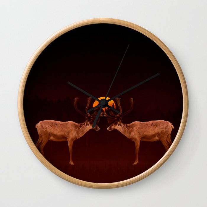 Reindeers With Moon On A Dark Purple Background  Wall Clock