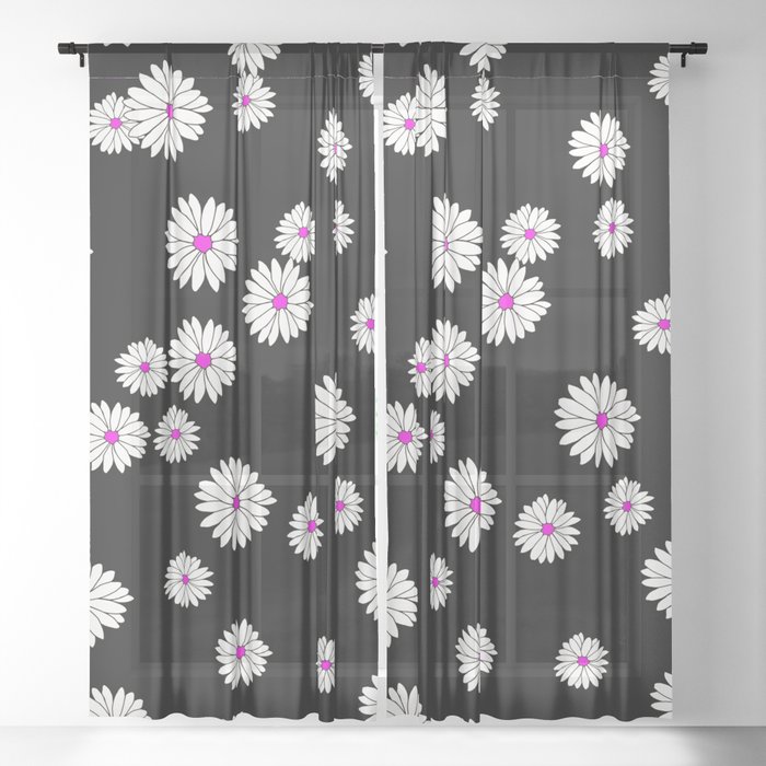 Daisies Blossoms Flower Design white black pink Sheer Curtain