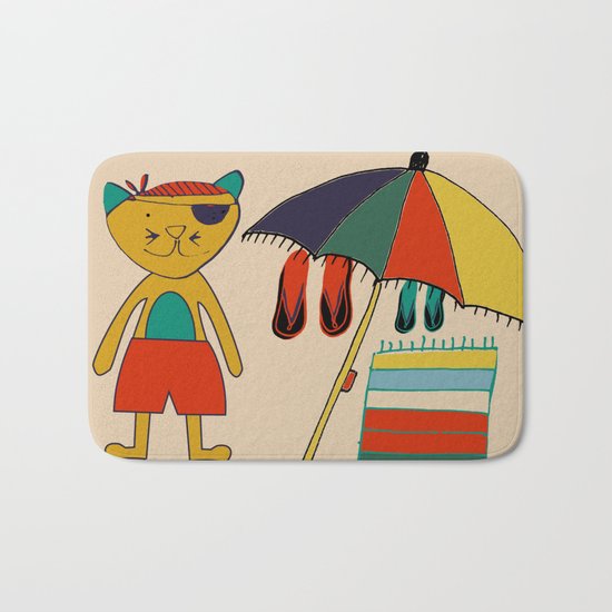 cat at the beach cream Bath Mat