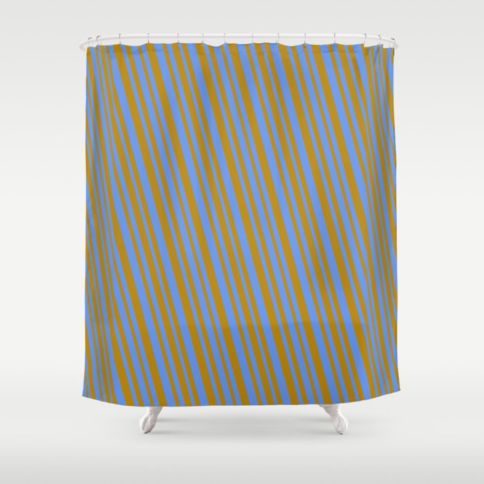 Cornflower Blue and Dark Goldenrod Colored Pattern of Stripes Shower Curtain