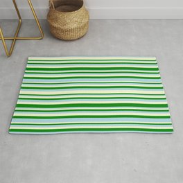 [ Thumbnail: Light Yellow, Green, and Light Blue Colored Lined/Striped Pattern Rug ]