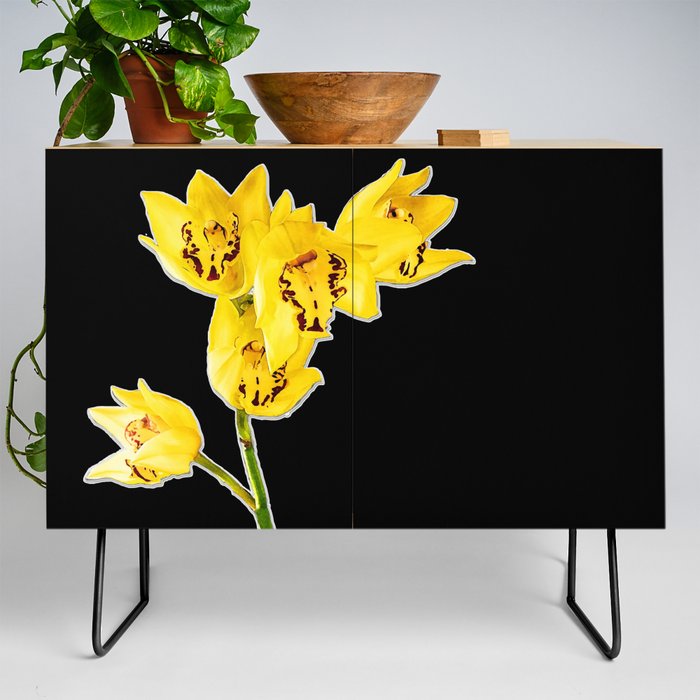 Yellow Orchids On Black Background Floral Art Credenza