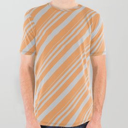 [ Thumbnail: Light Gray and Brown Colored Lines Pattern All Over Graphic Tee ]