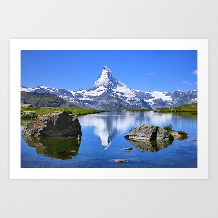 Matterhorn, 4.478 meters, and Sunnega lake. Swiss Alps Art Print