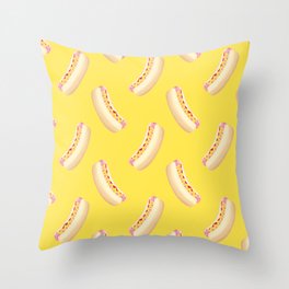 Hand Drawn Hotdogs on Yellow Repeating Pattern Throw Pillow