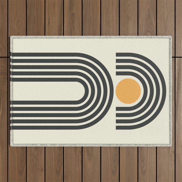 Geometric Lines in Gold and Black 11 (Sun and Rainbow Abstract) Outdoor Rug