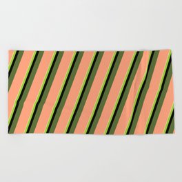 [ Thumbnail: Colorful Pale Goldenrod, Green, Black, Dark Olive Green & Light Salmon Colored Lined/Striped Pattern Beach Towel ]