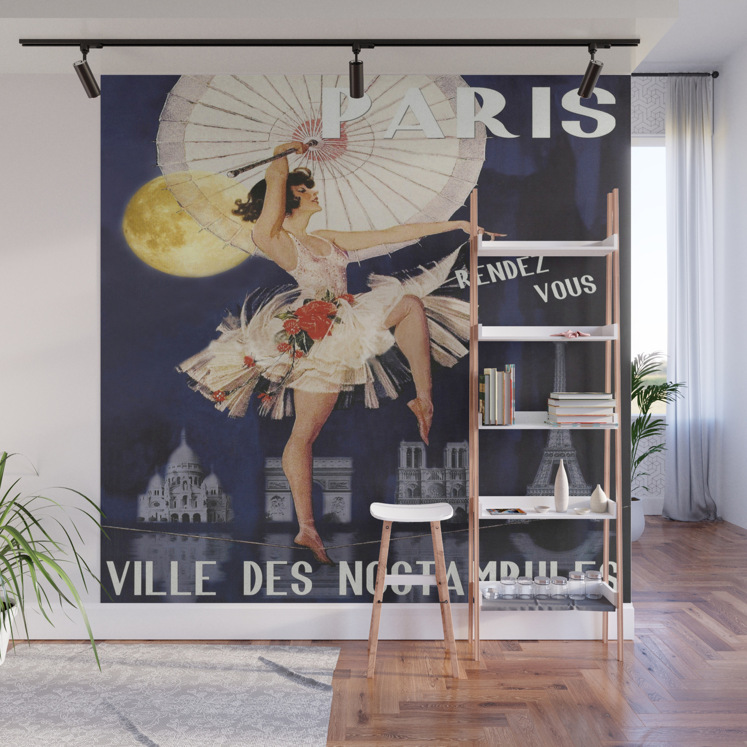 Paris At Night Girl With Parasol Vintage Travel Poster Wall Mural By Vintagevault Society6