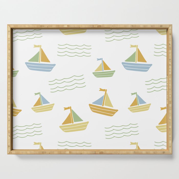 Floating sailboats summer green vibes Serving Tray