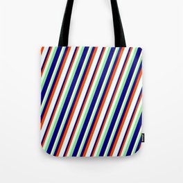 [ Thumbnail: Light Green, Blue, Red & Mint Cream Colored Stripes Pattern Tote Bag ]