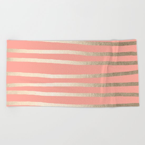 Simply Drawn Stripes in White Gold Sands and Salmon Pink Beach Towel
