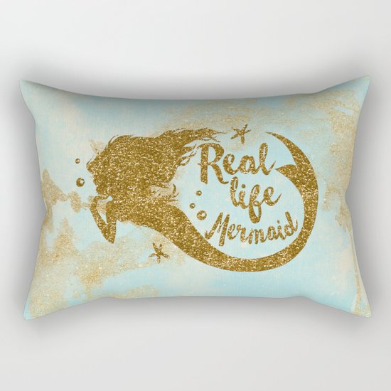 Real life Mermaid - Gold glitter lettering on aqua glittering background Rectangular Pillow