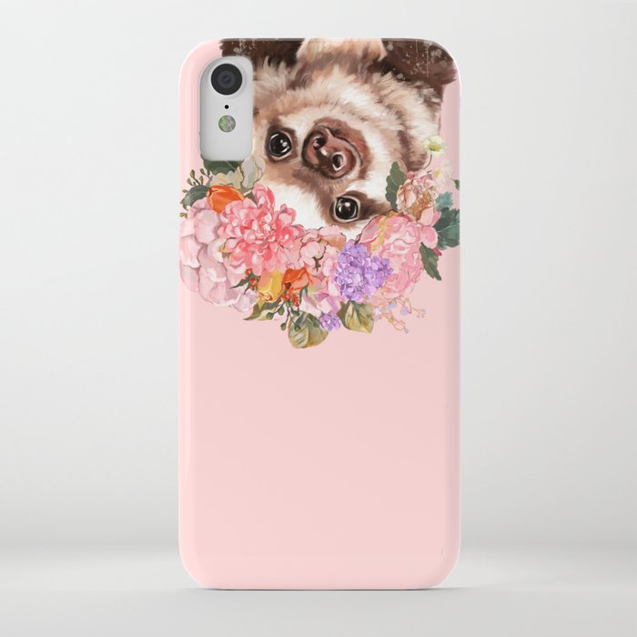 baby sloth with flowers crown in pink iphone case