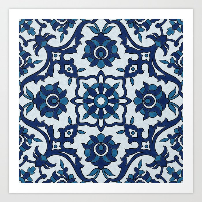 Blue Portuguese Azulejos Floral Tile Pattern I Art Print