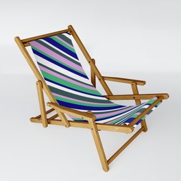 [ Thumbnail: Vibrant Dark Slate Gray, Plum, Sea Green, Blue & White Colored Stripes Pattern Sling Chair ]