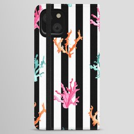 Colorful Coral Reef on Black Stripes iPhone Wallet Case
