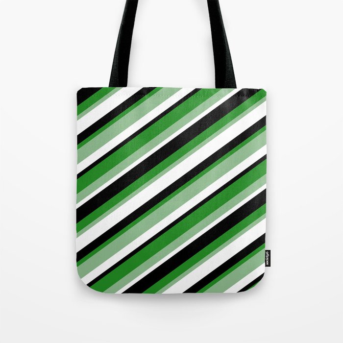 Forest Green, Dark Sea Green, White & Black Colored Striped Pattern Tote Bag