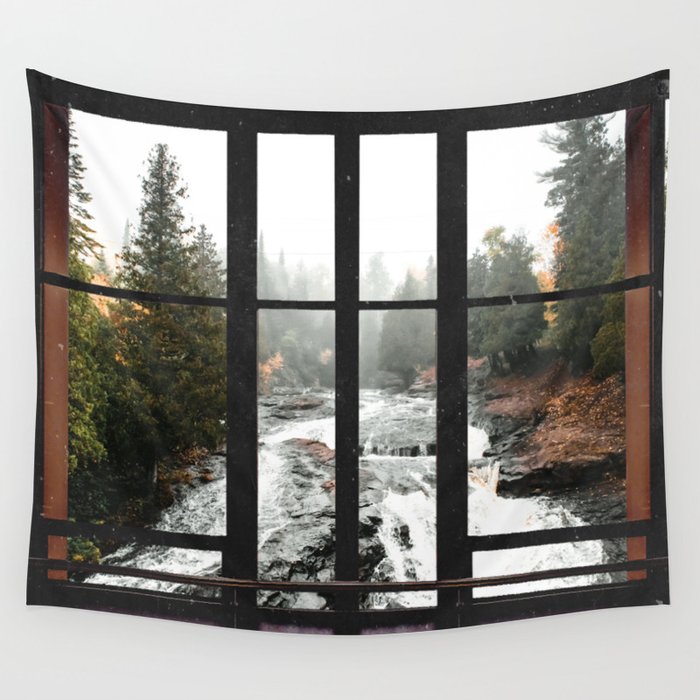 Window to the Waterfall and Forest | Foggy Forest Landscape in Autumn Wall Tapestry