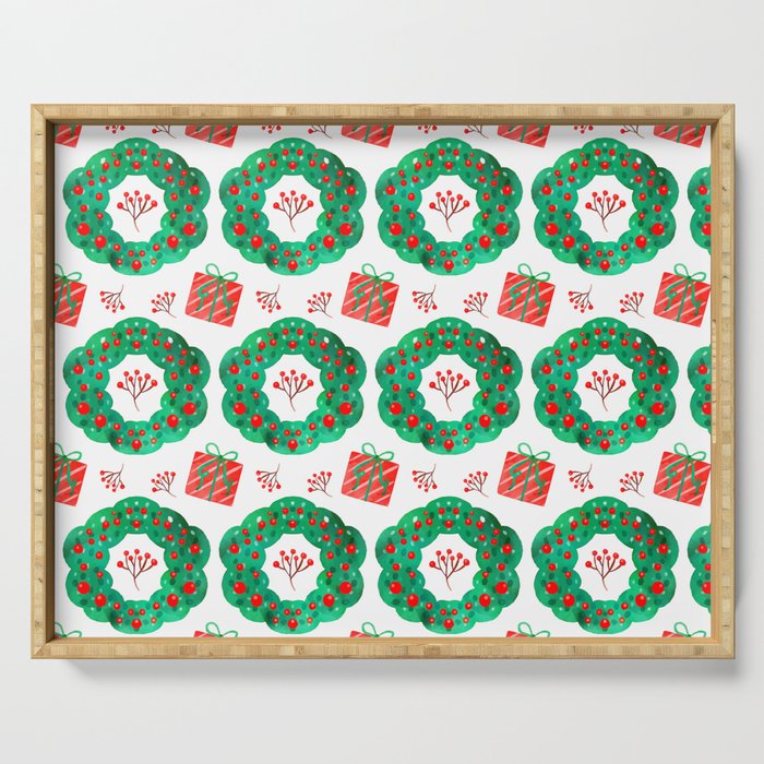 Christmas Pattern Watercolor Wreath Gifts Floral Serving Tray