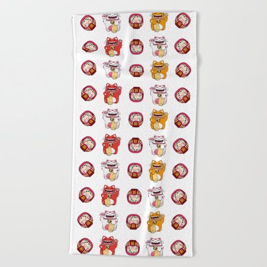Colorful Maneki - neko pattern design Beach Towel