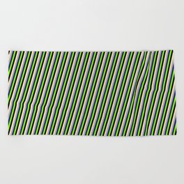 [ Thumbnail: Eye-catching Tan, Dark Grey, Midnight Blue, Chartreuse, and Black Colored Stripes/Lines Pattern Beach Towel ]