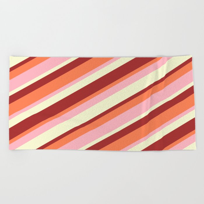 Light Yellow, Brown, Coral & Light Pink Colored Stripes/Lines Pattern Beach Towel