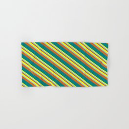 [ Thumbnail: Yellow, Light Sky Blue, Chocolate & Teal Colored Pattern of Stripes Hand & Bath Towel ]
