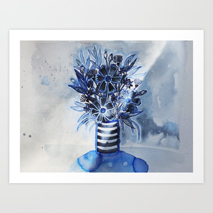 Watercolor Wildflowers in a Blue Striped Vase Art Print