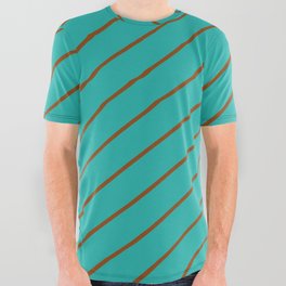 [ Thumbnail: Light Sea Green and Brown Colored Stripes Pattern All Over Graphic Tee ]