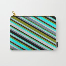 [ Thumbnail: Colorful Black, Green, Aqua, Light Gray, and Slate Gray Colored Stripes/Lines Pattern Carry-All Pouch ]