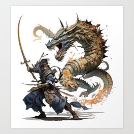 Brave Samurai Fighting Dragon Art Print