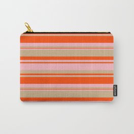 [ Thumbnail: Red, Light Pink, and Tan Colored Lined/Striped Pattern Carry-All Pouch ]