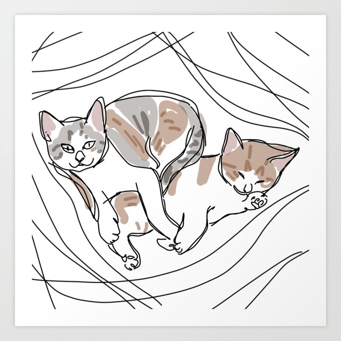 Abstract Drawing Of Two Lazy Kittens Art Print By Korkorkorpai
