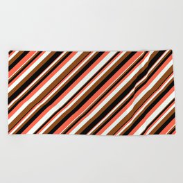 [ Thumbnail: Red, Mint Cream, Brown, and Black Colored Striped/Lined Pattern Beach Towel ]