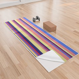 [ Thumbnail: Eye-catching Crimson, Royal Blue, Light Coral, Tan, and Midnight Blue Colored Striped/Lined Pattern Yoga Towel ]