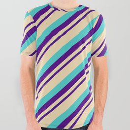 [ Thumbnail: Indigo, Tan, and Turquoise Colored Striped/Lined Pattern All Over Graphic Tee ]