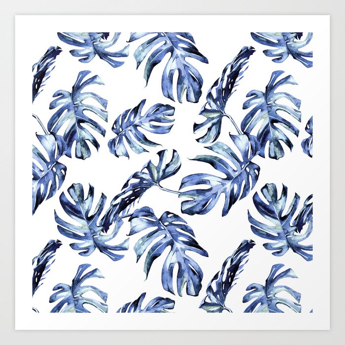 Blue Palm Leaves Art Print