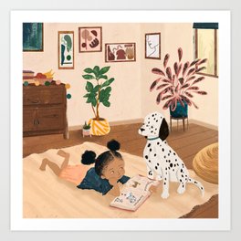 Little Girl and Dalmatian Puppy Art Print | Dog, Painting, Plants, Puppy, Pets, Curated, Littlegirl, Dalmatian 