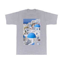Blue domes of churches in Oia village, Santorini island, Greece T Shirt
