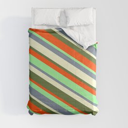 [ Thumbnail: Eyecatching Green, Light Slate Gray, Light Yellow, Dark Olive Green, and Red Colored Lined Pattern Comforter ]