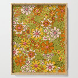 1960s, 1970s Retro Floral in Green, Pink & Orange - Flower Power Serving Tray