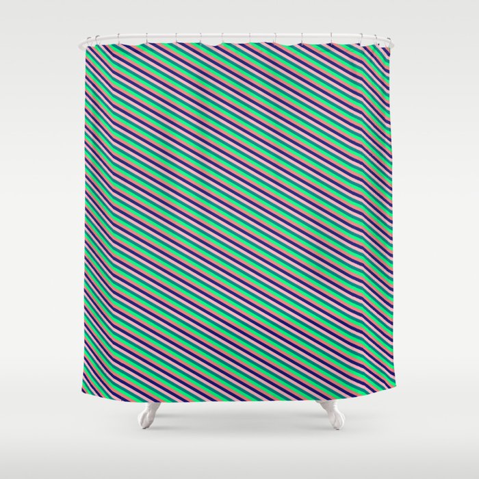 Eyecatching Light Coral, Midnight Blue, Light Pink, Teal, and Green Colored Pattern of Stripes Shower Curtain