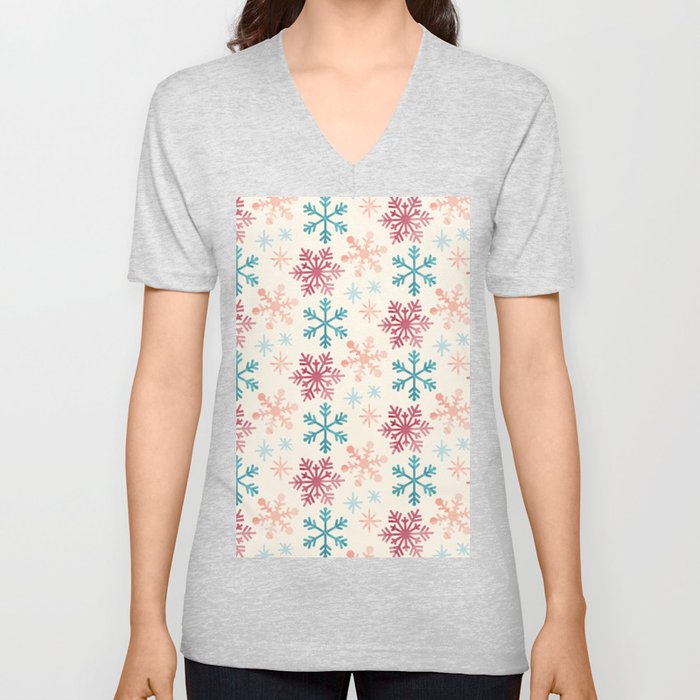 Christmas Pattern Watercolor Snowflake Pink Blue V Neck T Shirt