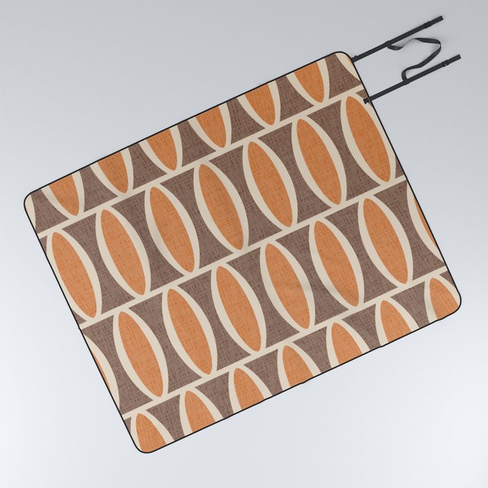 Retro Mid Century Modern Geometric Oval Pattern 237 Orange and Brown and Beige Picnic Blanket